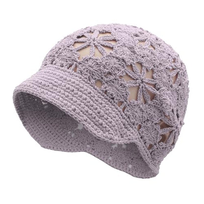 ZLYC Women Summer Slouchy Crochet Hat Handmade Cutout Skull Cap with Visor - color: Plain Light Purple, size: One Size