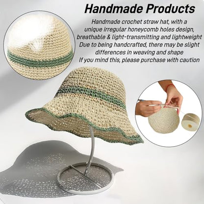 Floppy Big Beach Straw Hats for Women Foldable Summer Wide Brim Packable Sun Hat Womens Travel Straw Fedora Hat - color: Beige-green