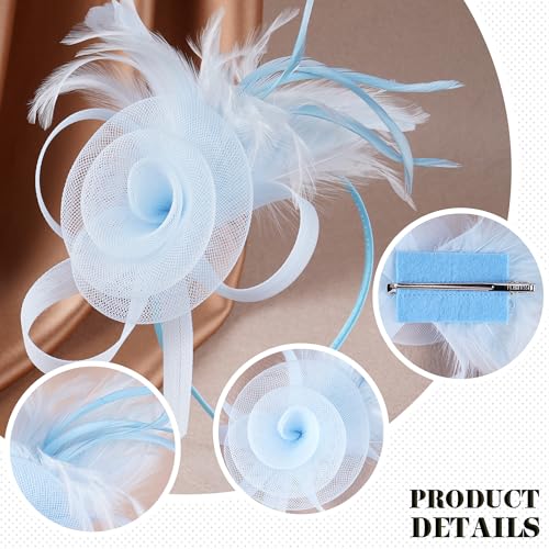 Zinniday Victorian Feather Fascinators Hats - 2025 Derby Attire Headwear with Hairpin,1920s Tea Party Hat for Woman - color: Light Blue