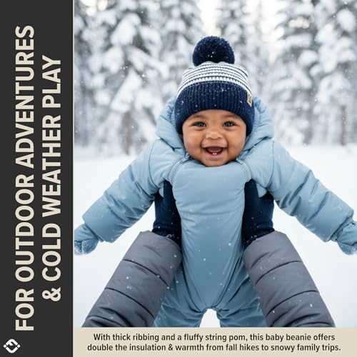 Funky Junque Baby Pom Pom Beanie – Soft Knit Infant Winter Hat for Baby Girls & Boys, Cozy Warm Newborn Beanie 0–12 Months - color: Striped Earflap - Navy/White