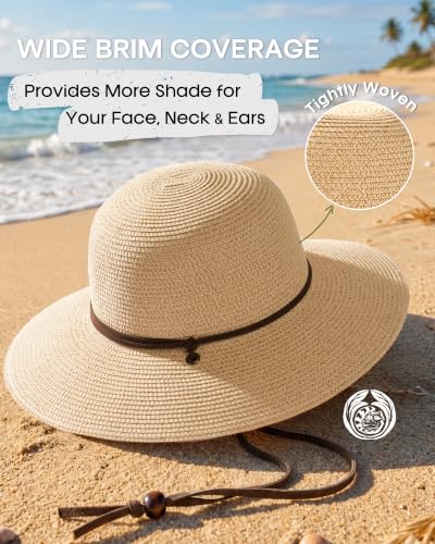 FURTALK Womens Wide Brim Sun Hat with Wind Lanyard UPF Summer Straw Sun Hats for Women - color: Ab-mixed Beige, size: Medium-Large