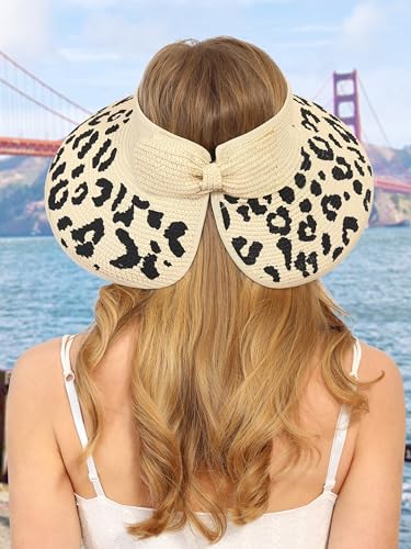 sy soul young Women's Straw Hat with Ponytail Hole Wide Brim Visor Sunhat - color: Beige With Leopard 2