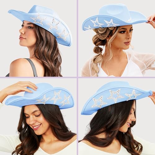 Keilin Rhinestone Cowgirl Hat Disco Cowboy Hat Felt Western Nashville Bachelorette Party Hat for Teens and Adults - color: Blue
