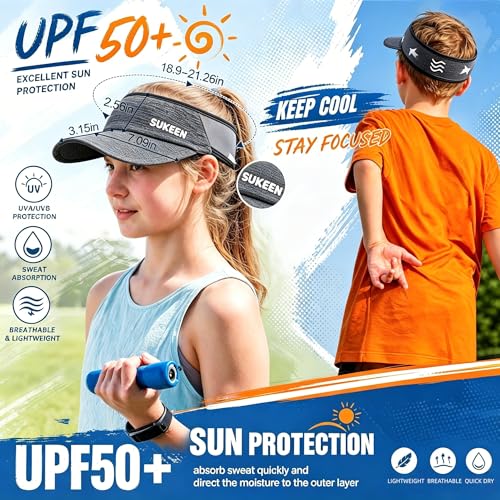 Sukeen Kids Sun Visor Hat for Girls Boys UPF50+ Lightweight Cooling Stretchable Packable Sun Hat - color: Black and Grey