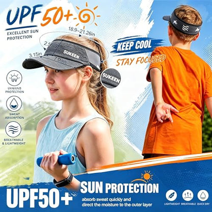 Sukeen Kids Sun Visor Hat for Girls Boys UPF50+ Lightweight Cooling Stretchable Packable Sun Hat - color: Black and Grey