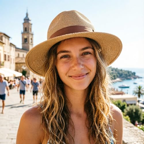 DRESHOW Women Straw Panama Hat Travel Fedora Beach Sun Hat Summer Wide Brim Straw Roll up Hats UPF 50+ - color: Fedora a Khaki (Brown Hatband)