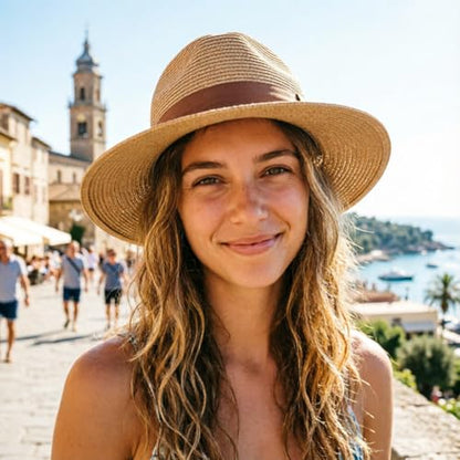 DRESHOW Women Straw Panama Hat Travel Fedora Beach Sun Hat Summer Wide Brim Straw Roll up Hats UPF 50+ - color: Fedora a Khaki (Brown Hatband)