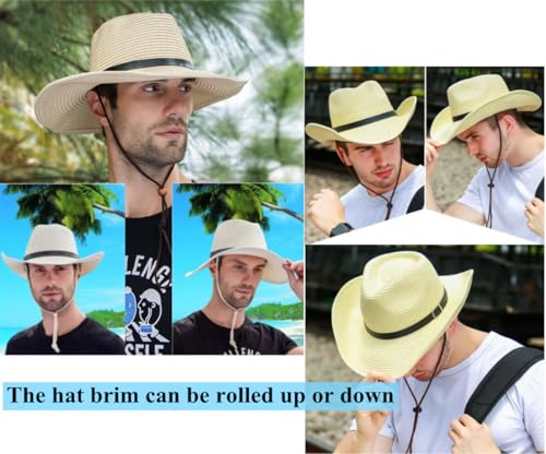 Straw Cowboy Hat for Women Men Classic Western Cowgirl Cap Foldable Sunhat Shapeable Fedora Panama Cap Wide Brim Beach Hat - color: Beige