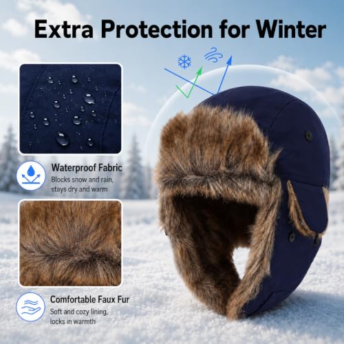 Kids Winter Trapper Hat Toddler Outdoor Warm Windproof Ushanka Aviator Hat Sherpa Fleece Lined Ski Cap for Boys Girls 1T-8T - color: Navy Blue, size: 1-4T