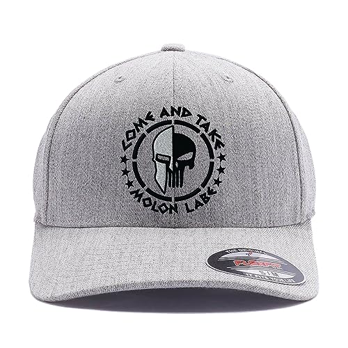 Spartan Skull Warrior Helmet Molon Labe/ΜΟΛΩΝ ΛΑΒΕ - Come and Take Embroidered Flex Fitted Baseball Hat - color: Heather Grey, size: Large-X-Large