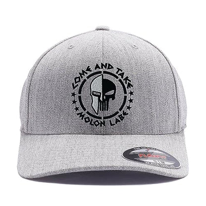 Spartan Skull Warrior Helmet Molon Labe/ΜΟΛΩΝ ΛΑΒΕ - Come and Take Embroidered Flex Fitted Baseball Hat - color: Heather Grey, size: Large-X-Large