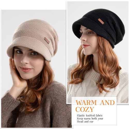 Womens Winter Beanie Hat,Fleece Lining Warm Knitted Slouchy Beanie Hats Cap with Visor - color: Khaki