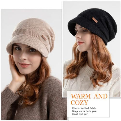Womens Winter Beanie Hat,Fleece Lining Warm Knitted Slouchy Beanie Hats Cap with Visor - color: Khaki