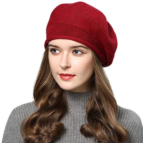 French Style Beret Hat for Women Winter Fall Knit Artist Hats Classic Solid Color Beanie Hat - color: Wine Red