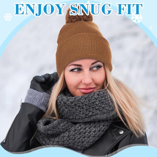 Geyoga 2 Pcs Pom Beanie Hat Men Women Winter Hat Pom Knit Cap Beanies with Ball at Top Acrylic Winter Cap with Cuff - color: Brown,blue Gray, style: Classical
