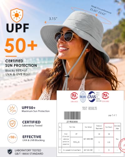 Womens Ponytail Sun Hat UPF50+ Waterproof Bucket Hat Packable Beach Hat - color: Light Grey