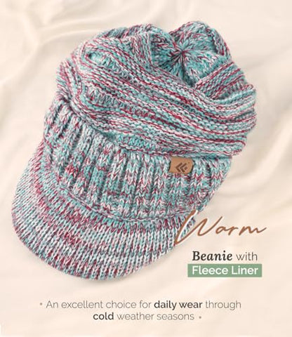 Women Men Winter Beanie Hat with Visor, Warm Fleece Lined Beanie Cap, Thick Knit Cap Slouchy Hat with Brim - color: Christmas