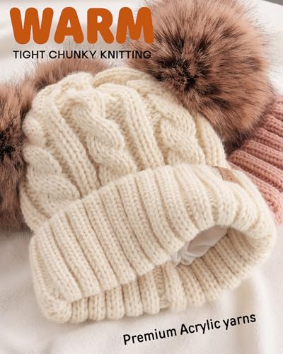 FURTALK Toddler Winter Hat Knit Beanie Double Faux Fur Pompoms Girls Boys - color: Beige, size: 2-6 Years