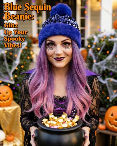 Women Sparkly Sequins Knitted Beanie Hat Warm Winter Skull Cap with Faux Fur Pom Pom - color: Blue