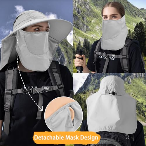 Sun Hats for Men Women Detachable Face Cover Wide Brim Fishing Hats with Neck Flap UPF 50+ Outdoor Safari Hats - color: Light Grey