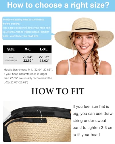 Sun Hats for Women, Summer Wide Brim Straw Beach Hat - color: Beige Khaki, size: Large
