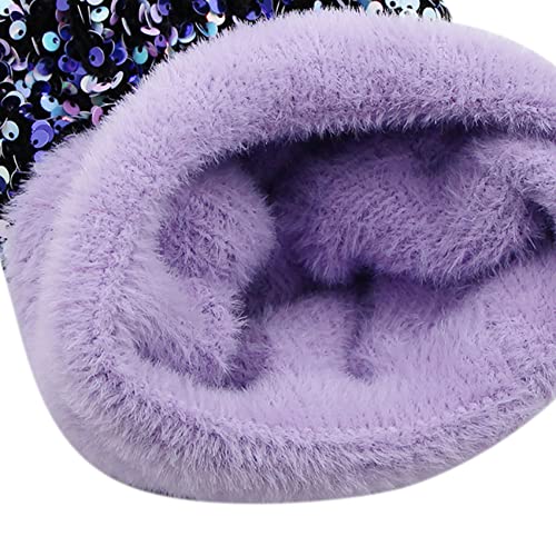 Women Sparkly Sequins Knitted Beanie Hat Warm Winter Skull Cap with Faux Fur Pom Pom - color: Purple