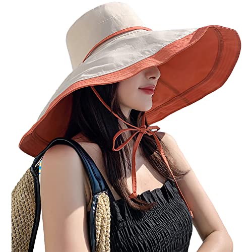 HUAMULAN Women Summer Vacation Wide Brim Sun Hat Reversible Fishing Hats - color: Orangebeige