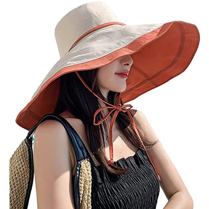 HUAMULAN Women Summer Vacation Wide Brim Sun Hat Reversible Fishing Hats - color: Orangebeige