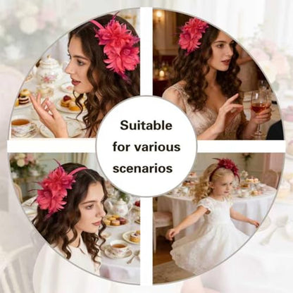 Fascinators for Women Ribbon Feather Tea Party Headwear - color: Magenta