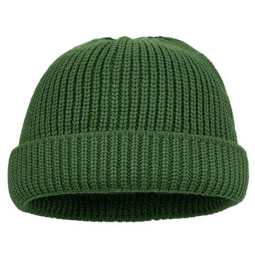 CLAPE Fisherman Short Beanie for Men Trawler Cuffed Cap Roll-up Edge Skullcap Soft Winter Watch Hat Knit Hats - color: Kh47-l-green, size: Small