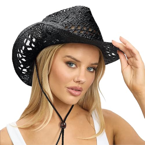 DRESHOW Straw Cowboy Cowgirl Hat for Women Men Western Coastal Cowboy Beach Hat with Shapeable Brim Unisex Rolled up Caps - color: 1 Pack Straw Woven Hollowed-out: Black