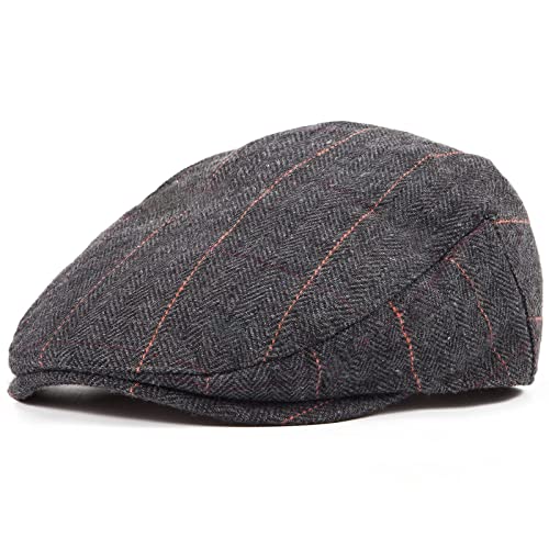Herringbone Flat Ivy Newsboy Cap for Men 1920s Wool Blend Tweed Cabbie Hat - color: 001 Plaid Black, size: Small-Medium