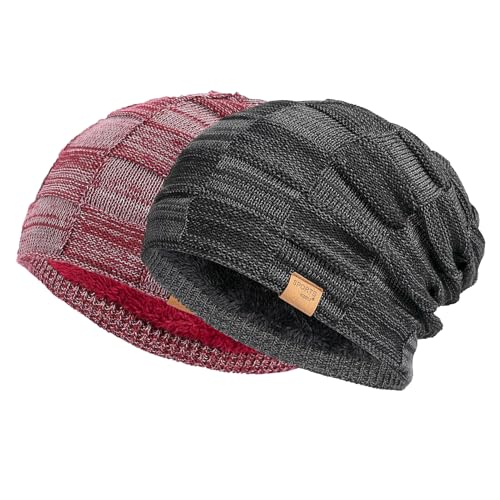 Vgogfly Slouchy Beanie for Men Winter Hats for Guys Cool Beanies Mens Lined Knit Warm Thick Skully Stocking Binie Hat Pairs - color: Black/ Rose Red