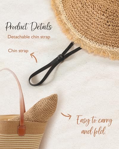 Beach Hats for Women, Straw Bucket Hats Packable Wide Brim - color: Khaki