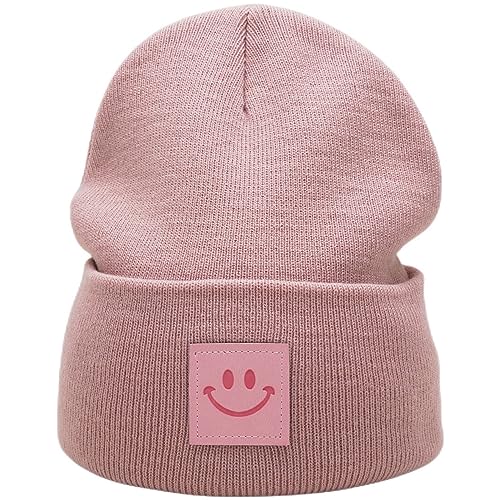 55cube Unisex Knit Cuffed Beanie Hats Warm Winter Caps with Leather Logos - color: Baby Pink