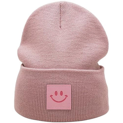 55cube Unisex Knit Cuffed Beanie Hats Warm Winter Caps with Leather Logos - color: Baby Pink
