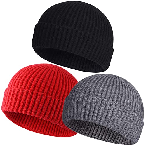 vidsel Wool Knit Cuff Short Fisherman Beanie for Men Women, Winter Warm Hat - color: Black,gray,red