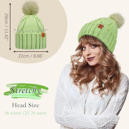 FZ FANTASTIC ZONE Womens Pom Pom Winter Warm Beanie Hat Cap Fleece Lined - color: Green
