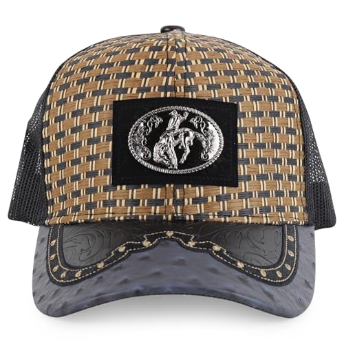 Straw Design Metallic Rodeo Cowboy Horse Metal Logo Trucker Mesh Baseball Cap - color: Charcoal/Black