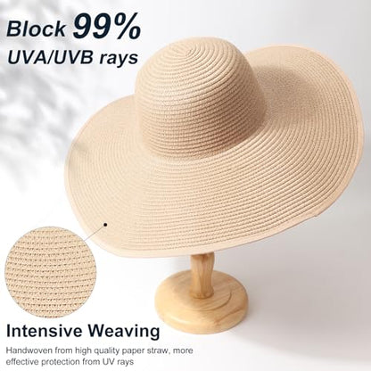 DRESHOW Big Straw Sun Hats for Women Floppy Foldable Roll up Beach Cap Sun Hat UPF 50+ Vacation Honeymoon Embroidered Hat - color: Medium Size: Beige / Brim 5.5" (Head Circumference 22-22.8")