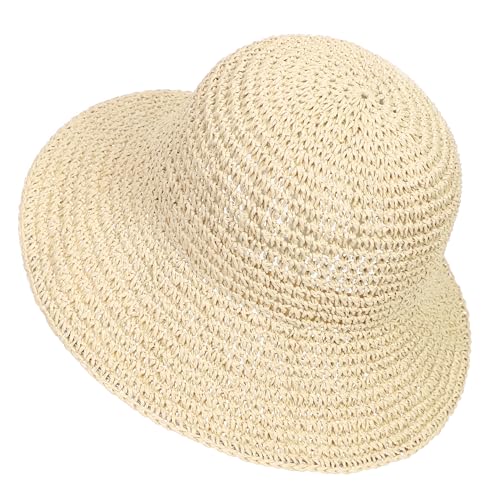 Womens Sun Hat Handmade Crochet Straw Bucket for Summer Foldable Travel Cap - color: Beige