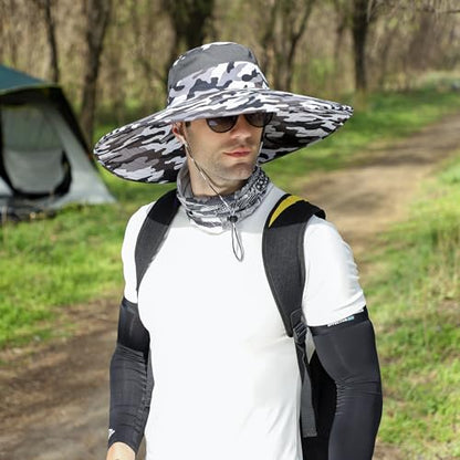 Wide Brim Sun Hat for Men Women UV Protection Bucket Fishing Hats - color: Black-white Camo