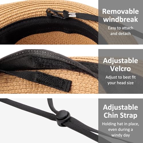 AQOKKA Summer Straw Fedora Hat for Women Men Travel Panama Hat with Wide Brim Roll Up Sun Hat for Beach Outdoor UPF 50+ - color: Khaki & Beige
