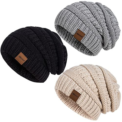 Slouchy Women's Winter 3 Pieces Beanie Hat Women Men Oversized Warm Knitted Women's Hat Winter Thick for Cold Weather - color: Black+oatmeal+dark Gray