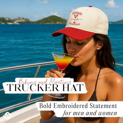 Funky Junque Adult Trucker Snapback Hat 2-Tone Baseball Cap - color: Bikinis and Martinis - Red/Beige