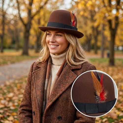 Classic Fedora Hat with Feather, Dome Hard Bowler Cap - color: Coffee