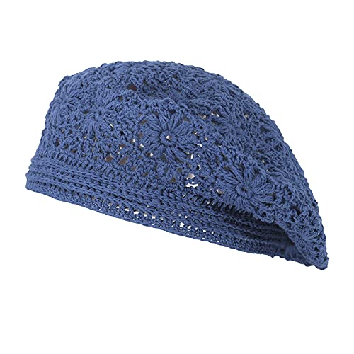 ZLYC Women Cotton Slouchy Crochet Beret Handmade Cutout Floral Beanie Hat - color: Plain Navy