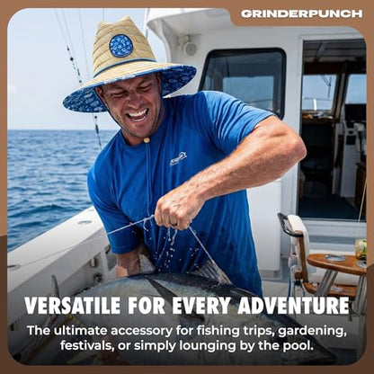 grinderPUNCH Straw Sun Hat for Men Women Wide Brim Beach Fishing UPF 50 - color: Blue Nautical