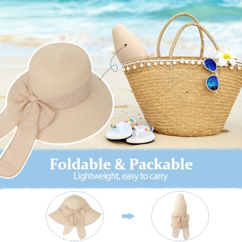 DRESHOW Sun Hats for Women Summer Wide Brim Beach Straw Hat Bowknot Bucket Hats Foldable Floppy Beach Sun Hat UPF 50+ - color: 1 Pack Bowknot Ribbon Hat: Beige