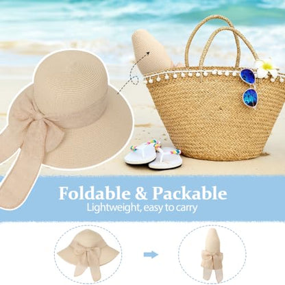 DRESHOW Sun Hats for Women Summer Wide Brim Beach Straw Hat Bowknot Bucket Hats Foldable Floppy Beach Sun Hat UPF 50+ - color: 1 Pack Bowknot Ribbon Hat: Beige